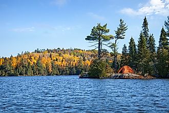 Orange tent on rocky shore of an island on a northern Minnesota trout lake during autumn