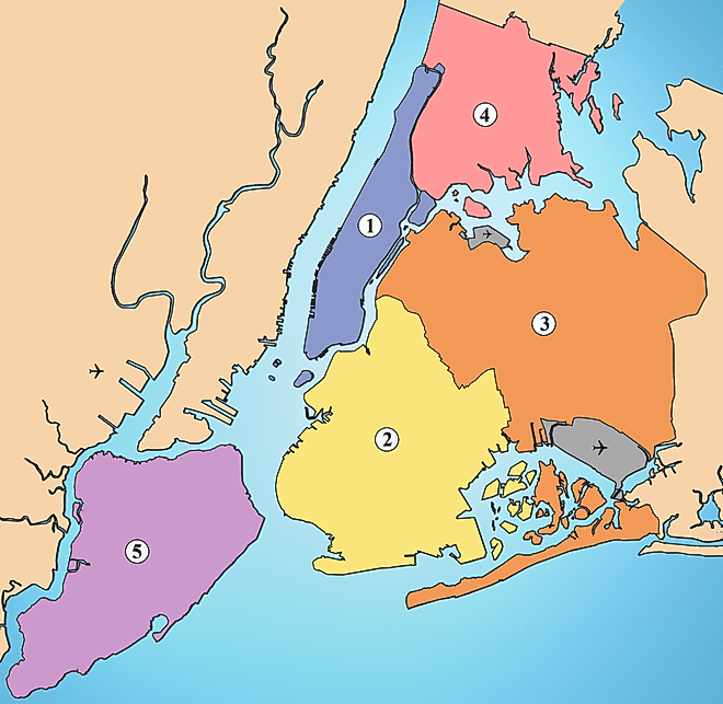 Map of the Boroughs of New York City. Editorial credit: Wikimedia Commons