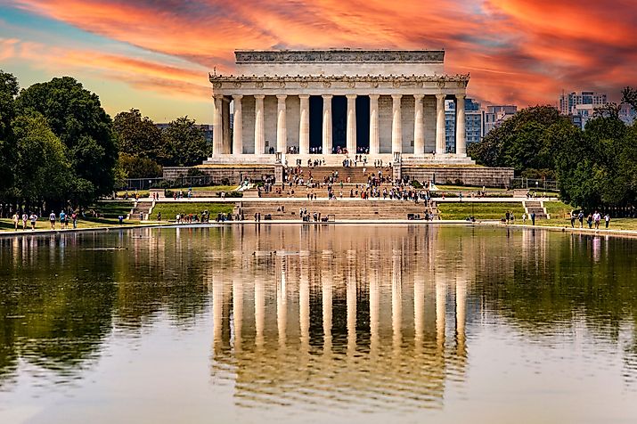 The memorial temple of Abraham Lincoln's memorial reflected in the reflecting pool pond of the fabulous National Mall in the city of Washington DC, USA.