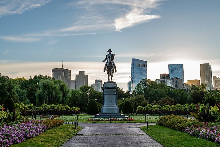 The Paul Revere Statue and Boston skyline