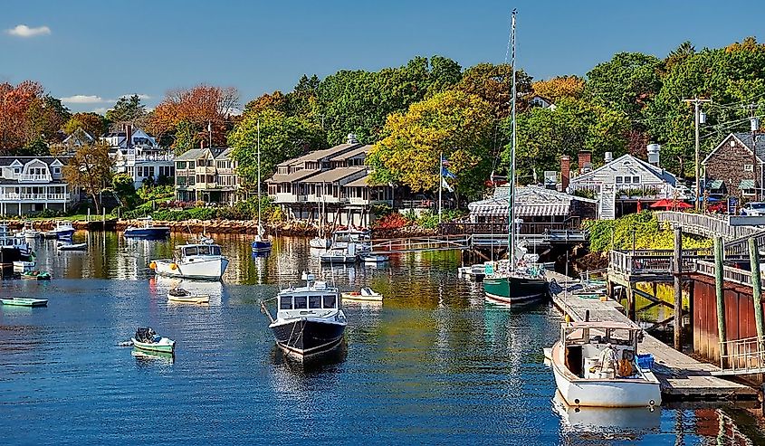 Fishing boats docked in Perkins Cove, Ogunquit, on coast of Maine south of Portland