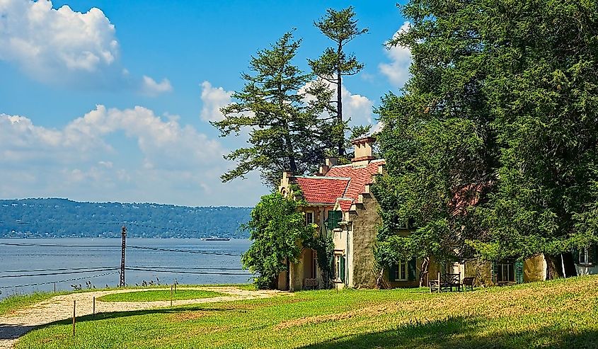 Washington Irving's Sunnyside cottage overlooks the Hudson River. Irving spent several decades at this home, which is now a museum.