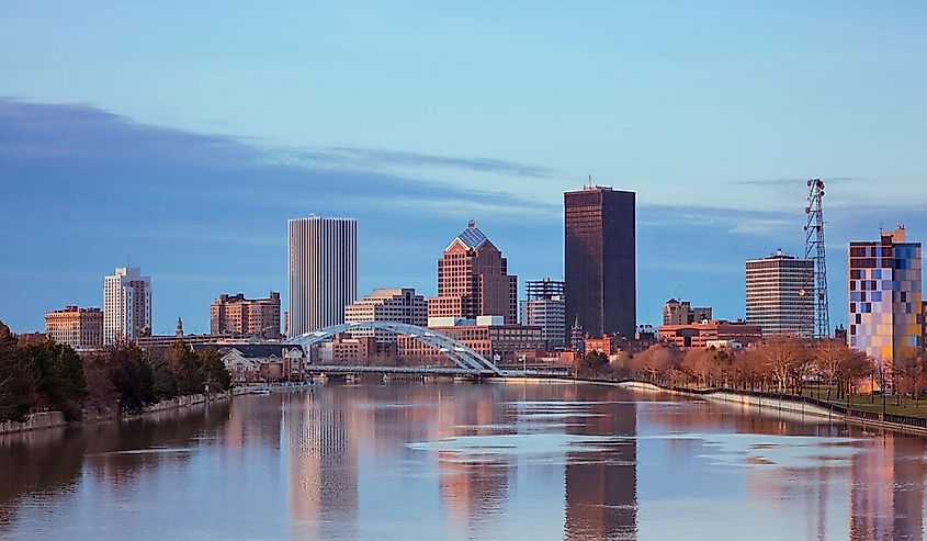 Rochester, New York skyline with lake and buildings in the background