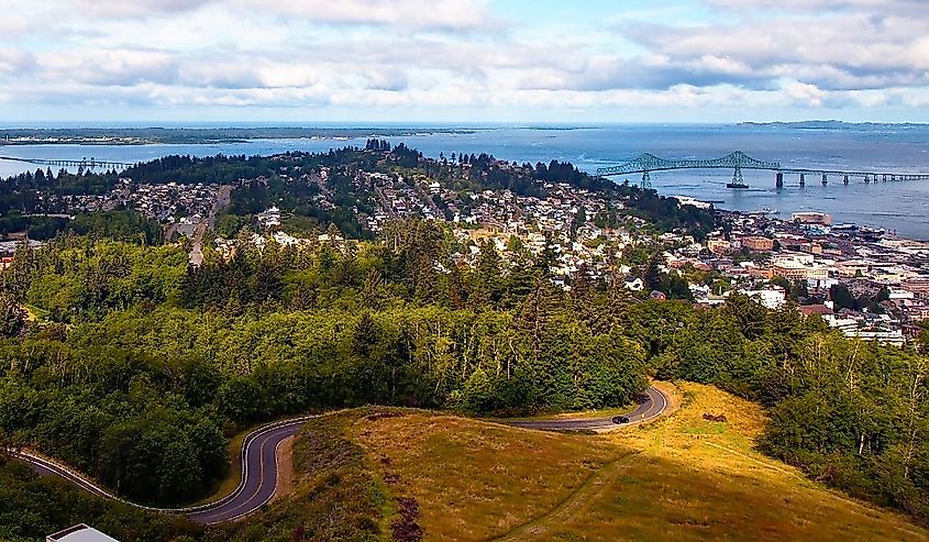 View from up high of Astoria, Oregon and the Columbia River