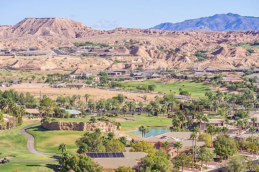 Picturesque Mesquite, Nevada, nestled in the Virgin River valley amongst mesas and Virgin mountains in the Mojave desert.