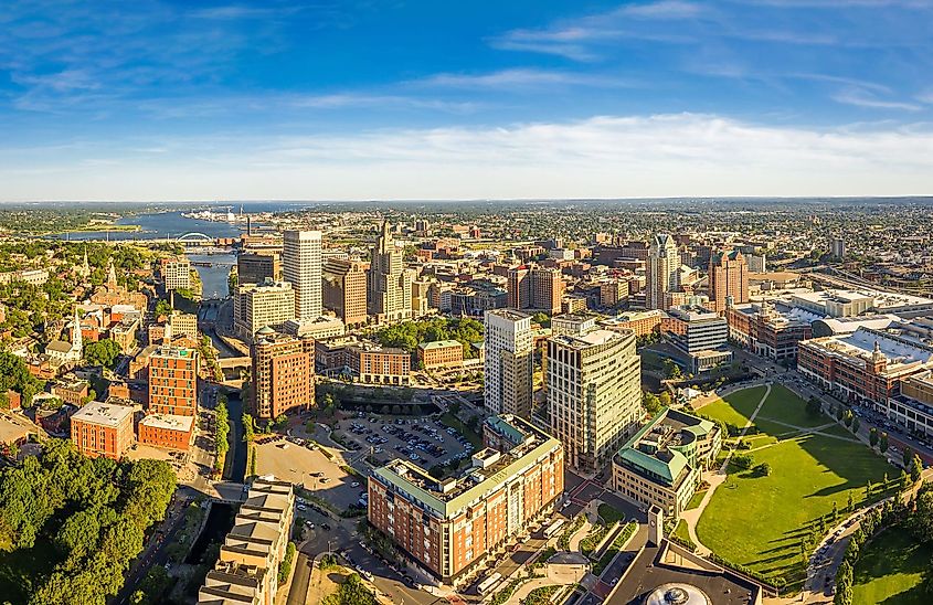 Aerial panorama of Providence skyline on a late afternoon