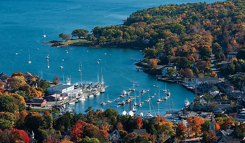 Aerial view of Camden Harbor, Maine.