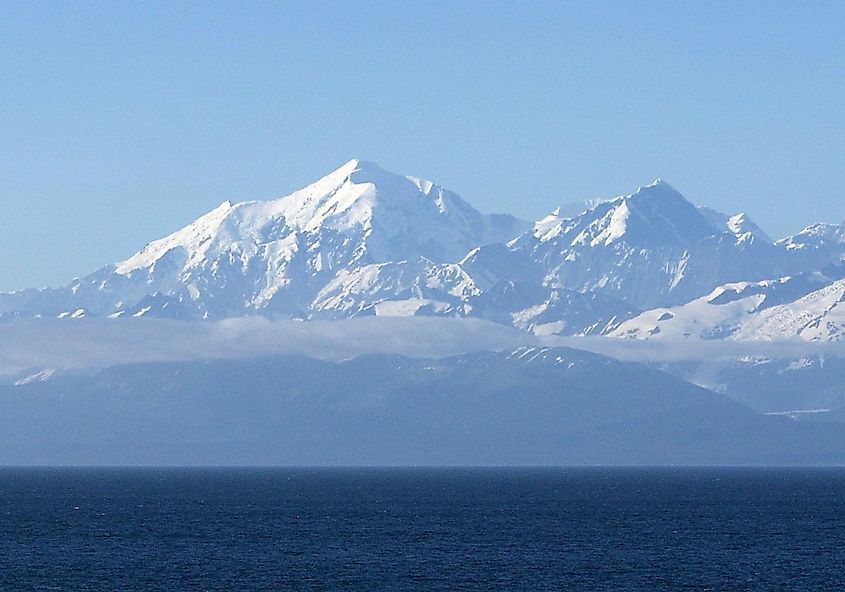 Mount Fairweather (left) and Mount Quincy Adams (right) from the Pacific Ocean