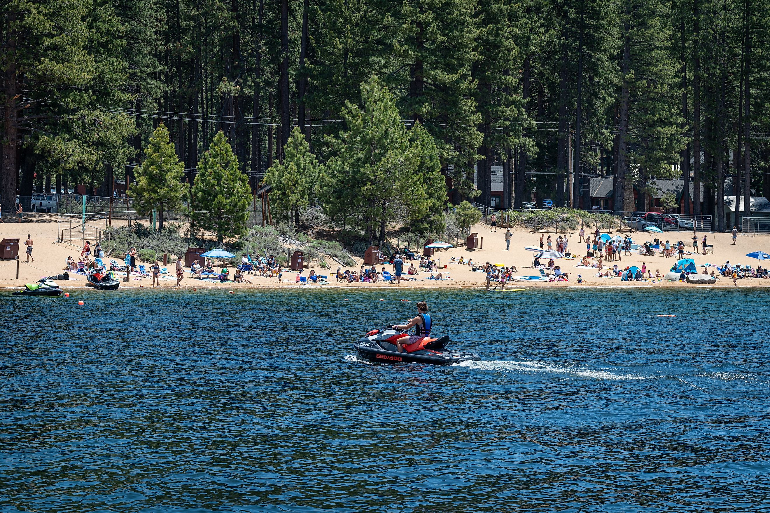  A jet skiier heads to the beach area of the Zephyr Cove Resort. The popular resort area is located in South Lake Tahoe, just east of the California border.