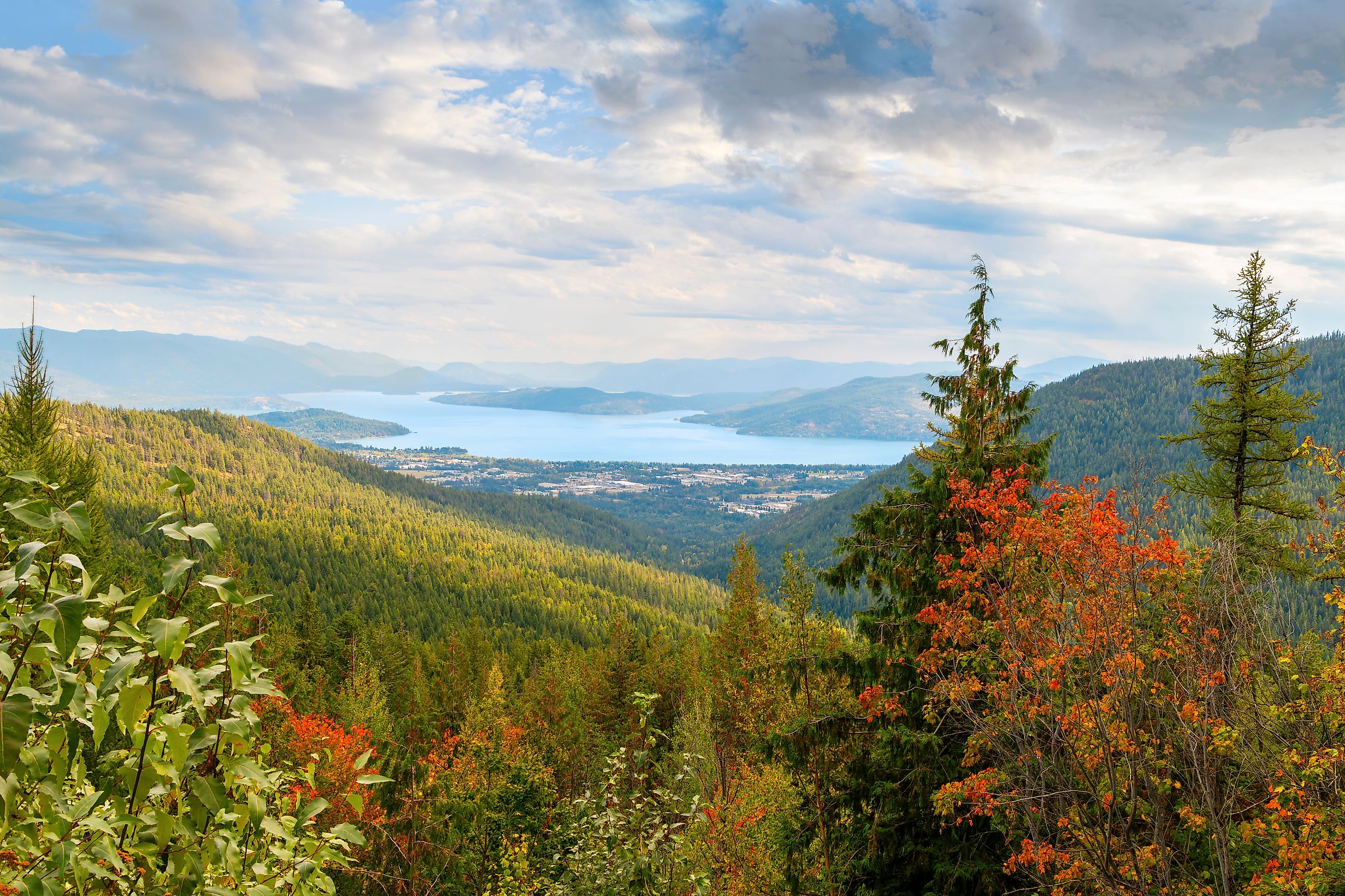Panoramic wide angle view from Schweitzer Mountain of the towns of Kootenai, Ponderay and Sandpoint, Idaho, along the shores of Lake Pend Oreille, in Sandpoint, Idaho.