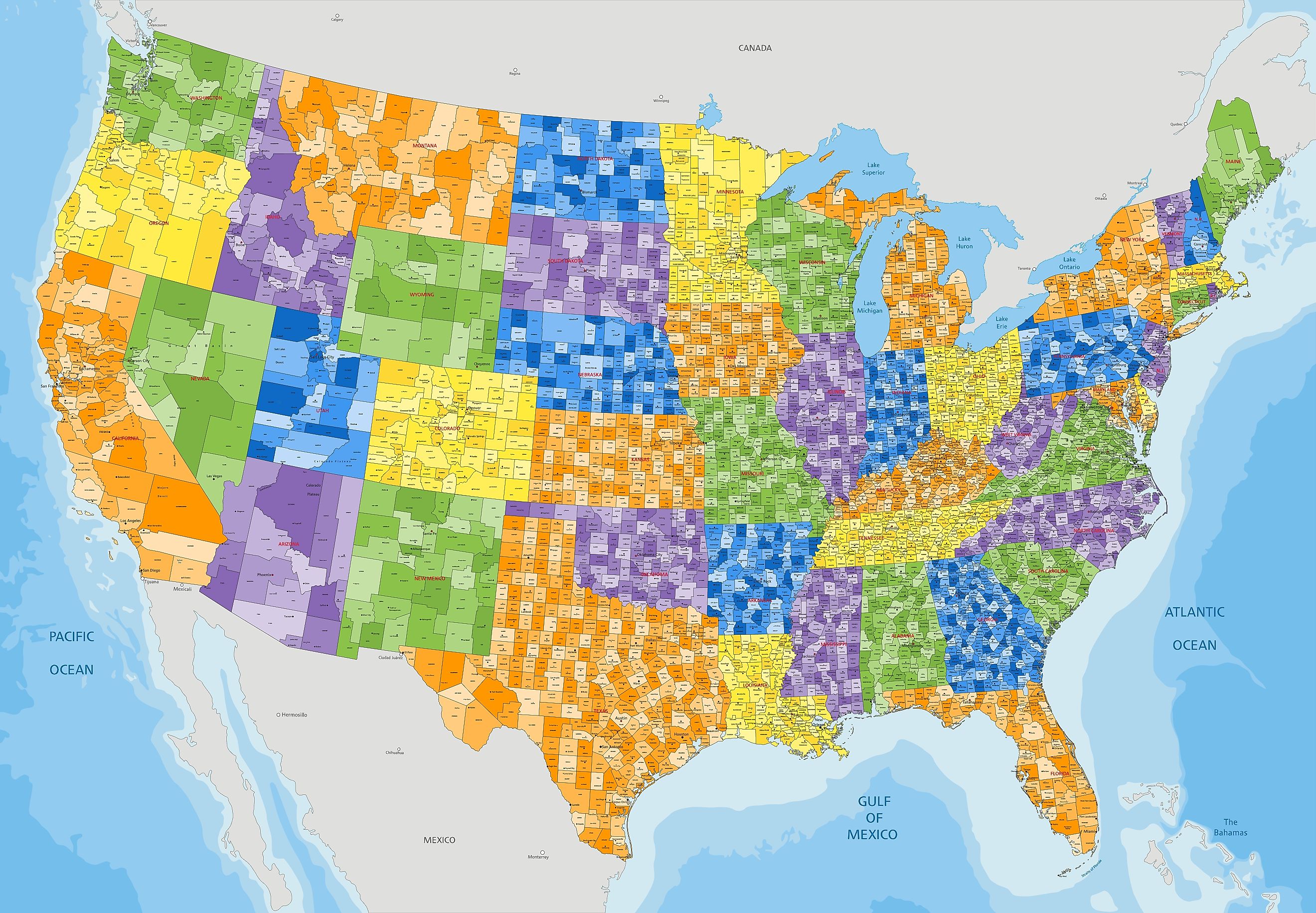 Complex colorful USA political map with every county and major city.