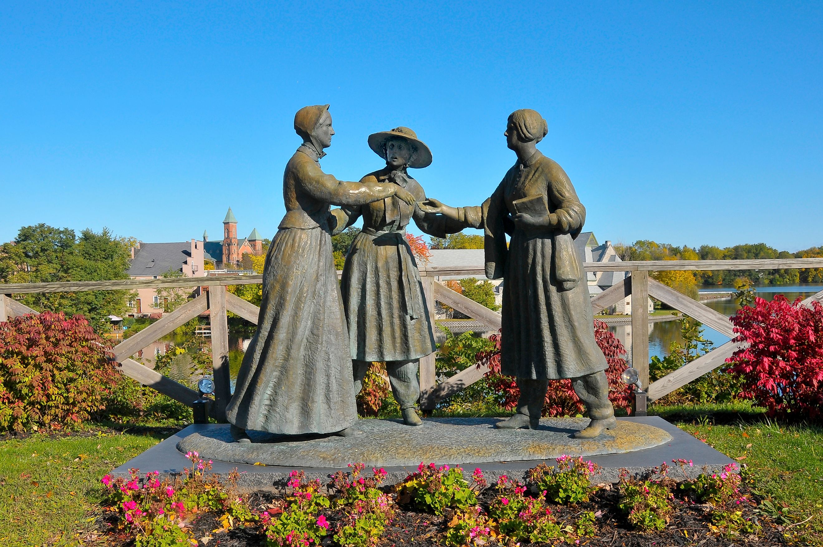 Statue of Susan B Anthony Amelia Bloomer and Elizabeth Cady Stanton Seneca Falls New York.