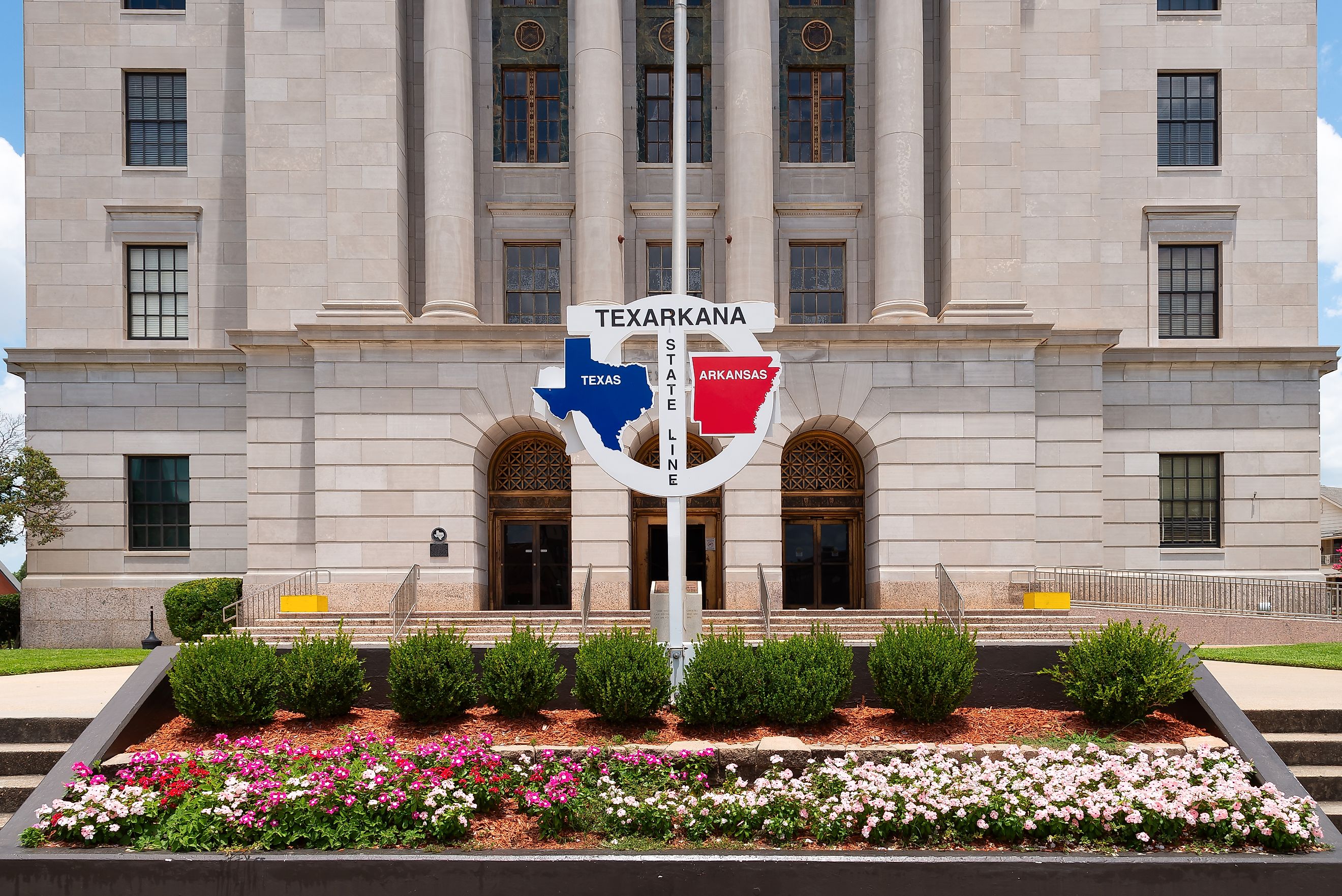 The state line of Texas and Arkansas in Texarkana.