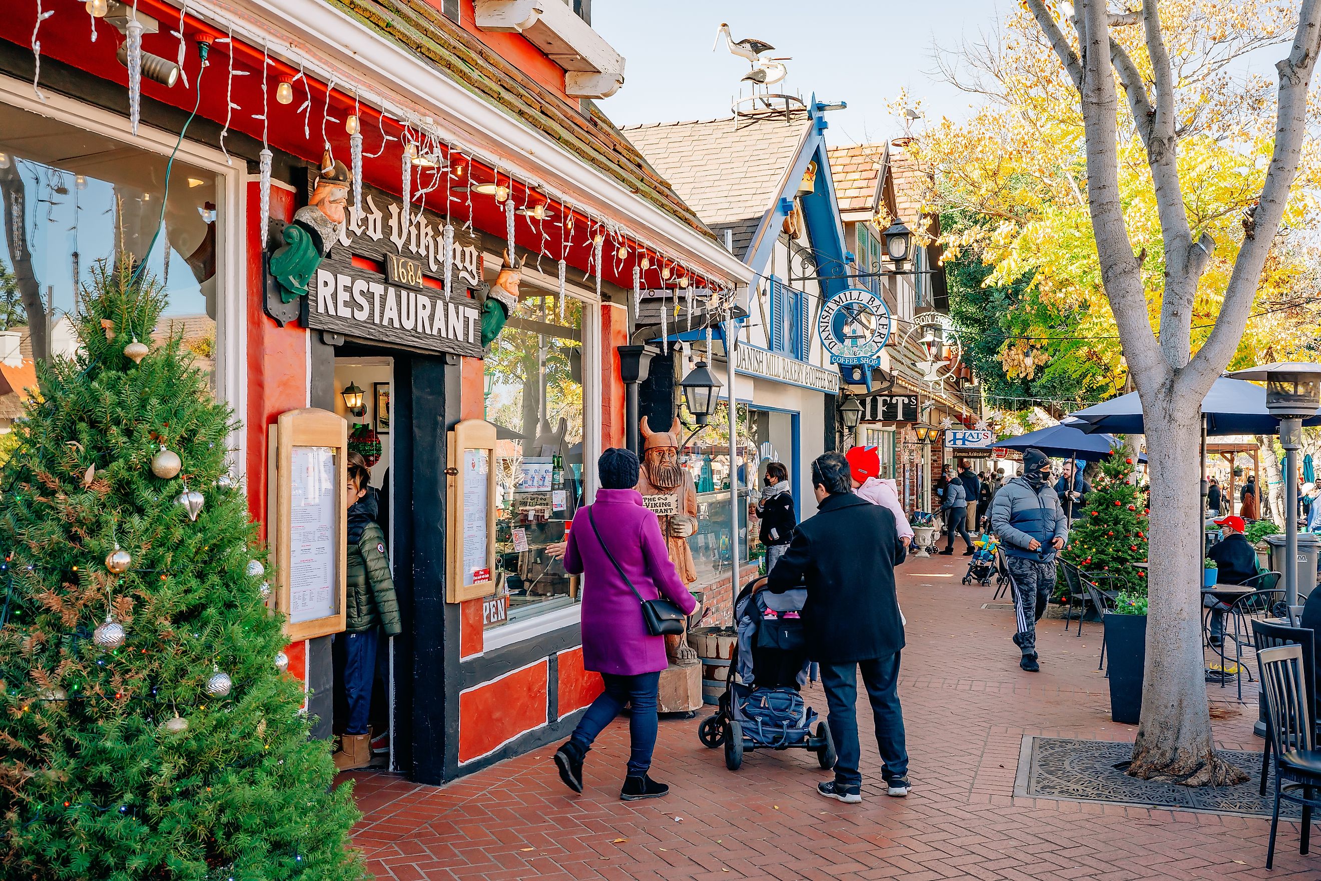 Christmas in Solvang. Main street, street view, and tourists in small city with traditional Danish style