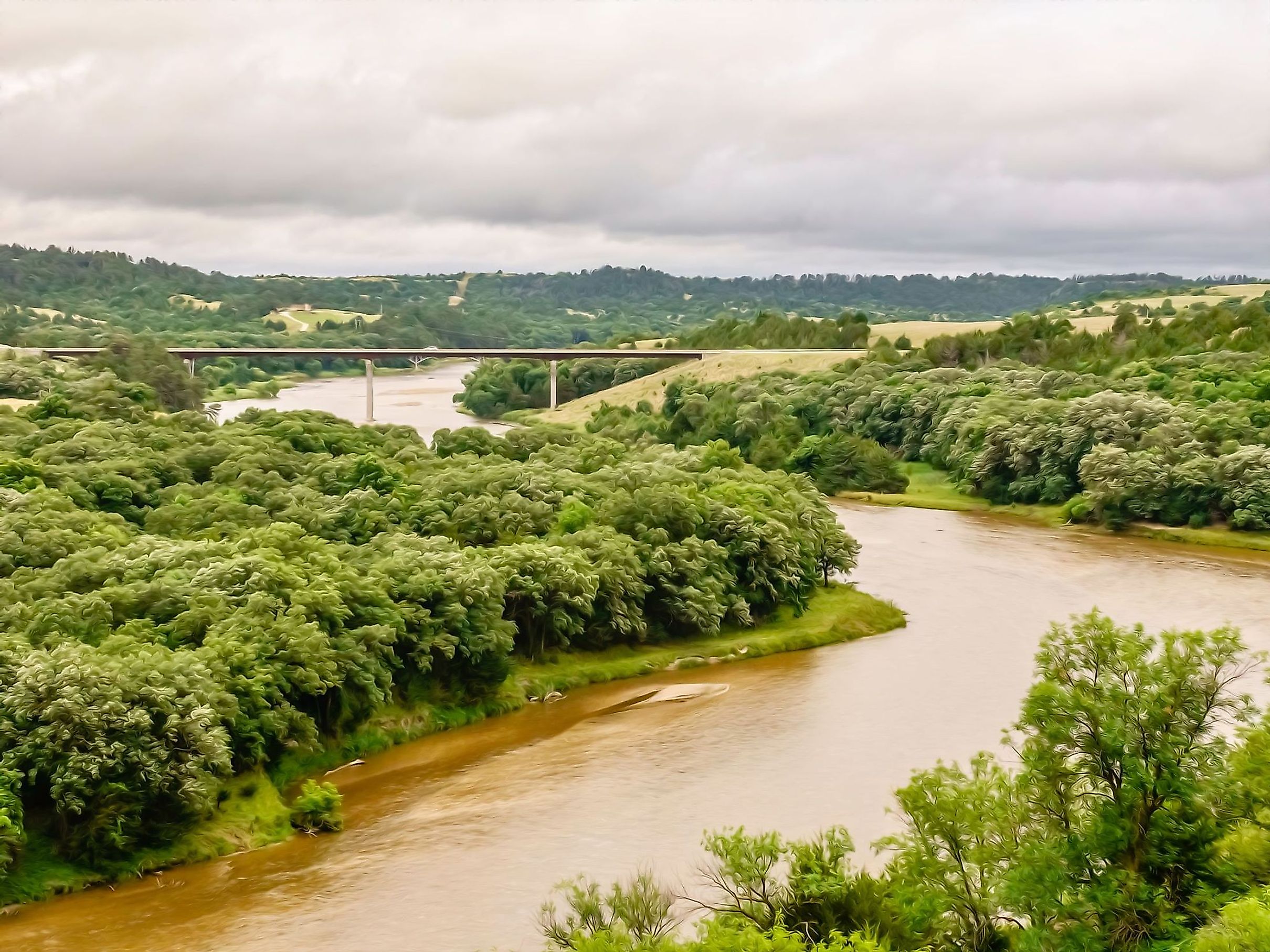 Aerial view of Niobrara River and traffic bridge along Nebraska Highway 12 outside Valentine, Nebraska. 