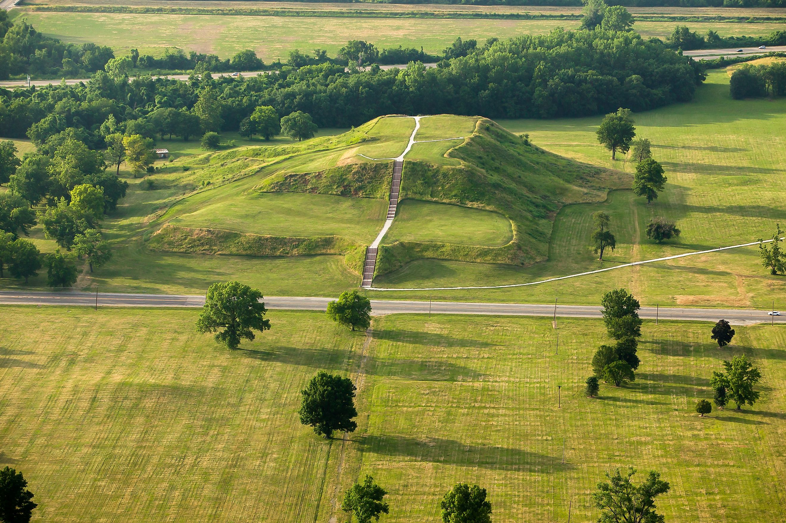 Aerial view of ancient Native American burial mound Cahokia Mounds, Illinois, USA