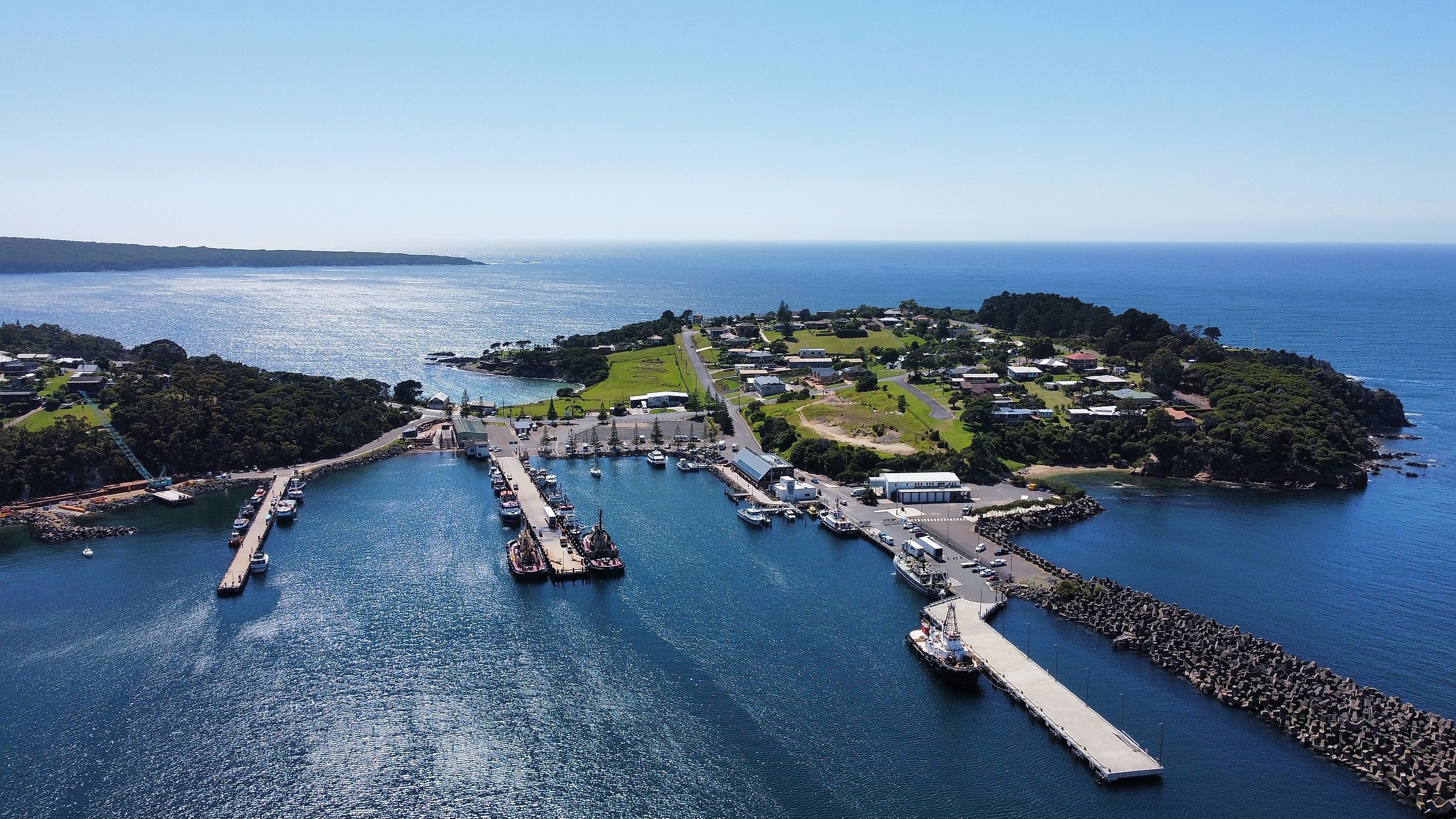 An aerial shot of the pier and island houses of Mackinac Island, Michigan