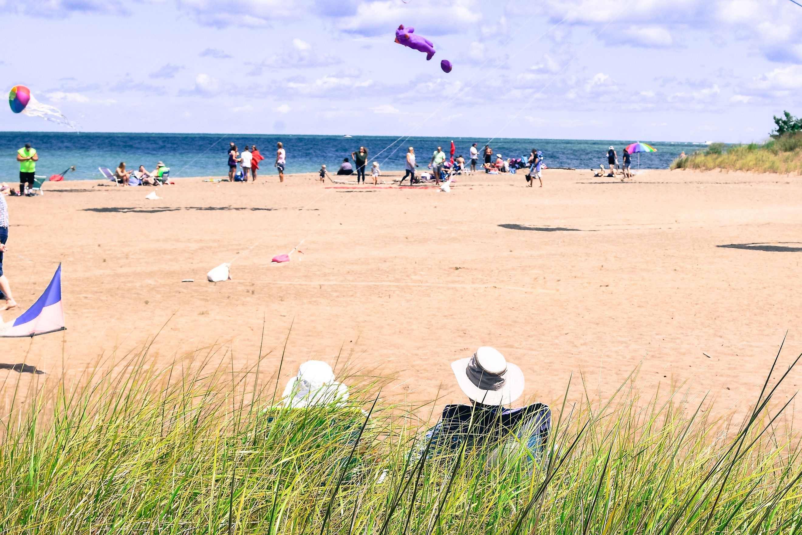 back of a couple wearing fishing sun hats sitting in lawn chairs behind tall green grass at the beach relaxing with people and kites in the background at Presque Isle State Park