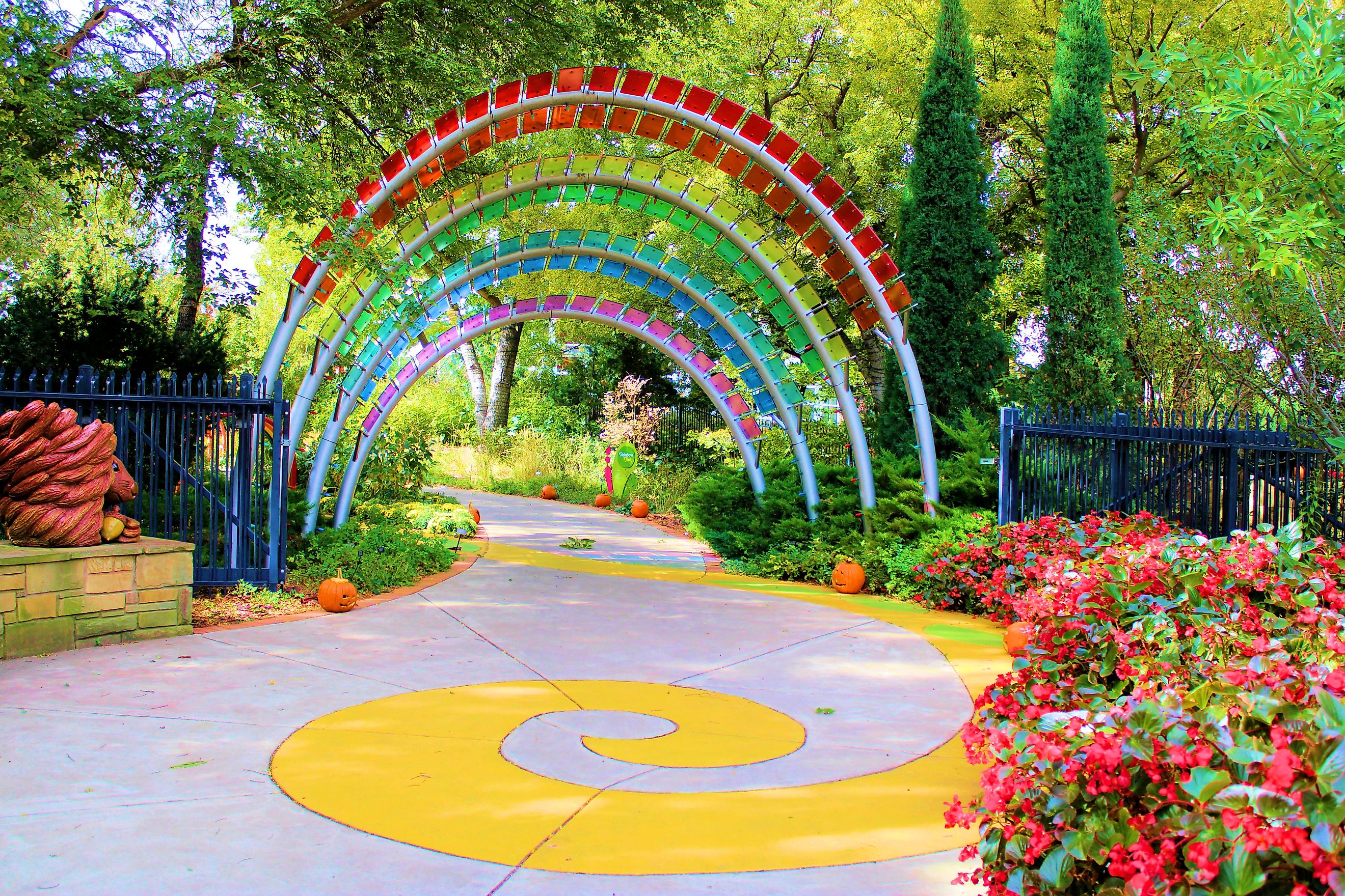 Yellow Brick Road on a path underneath a rainbow atrium taken at Botanica Gardens in Wichita, KS. Editorial credit: photojohn830 / Shutterstock.com