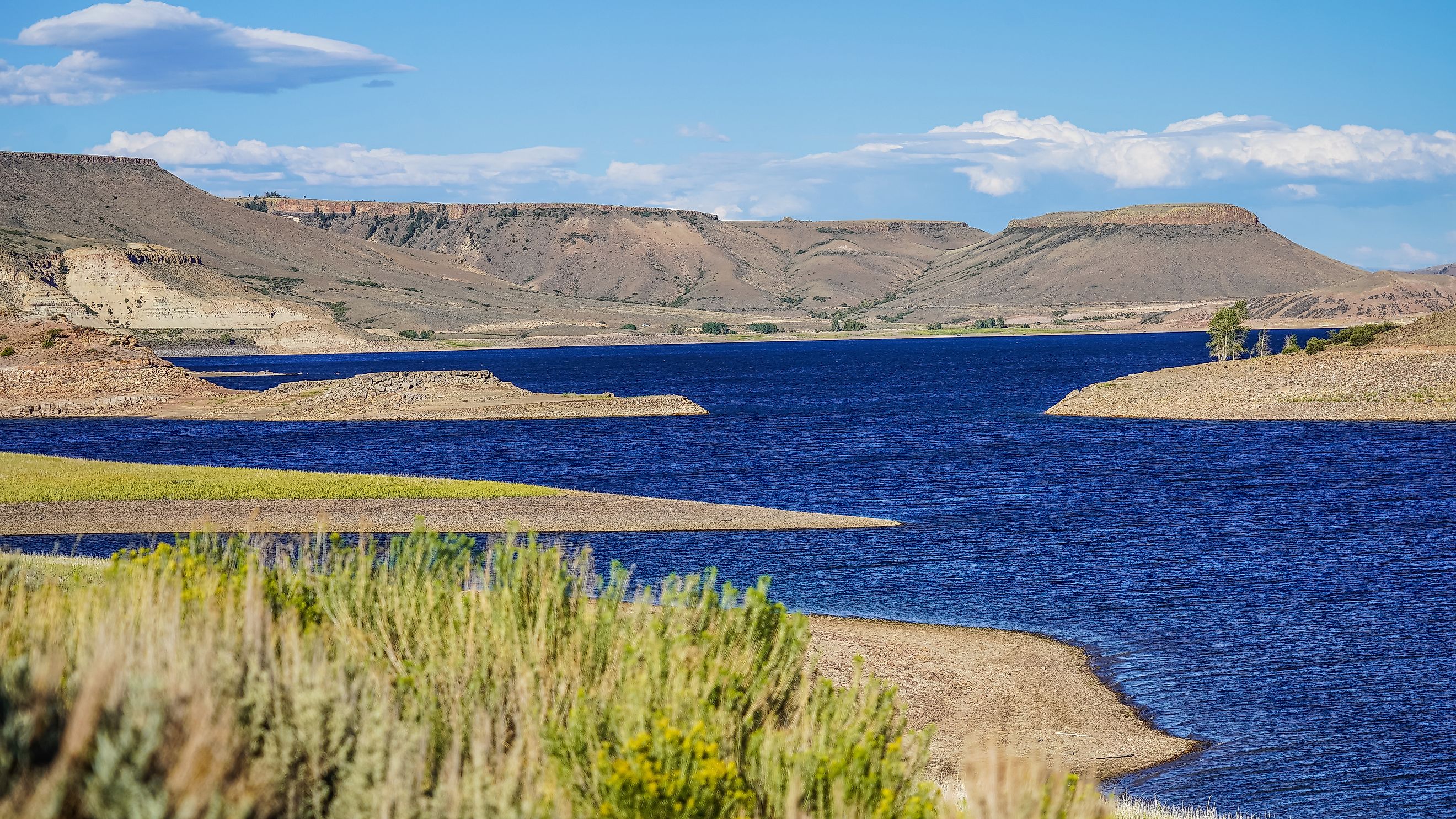 Blue Mesa Reservoir with blue sky in Colorado