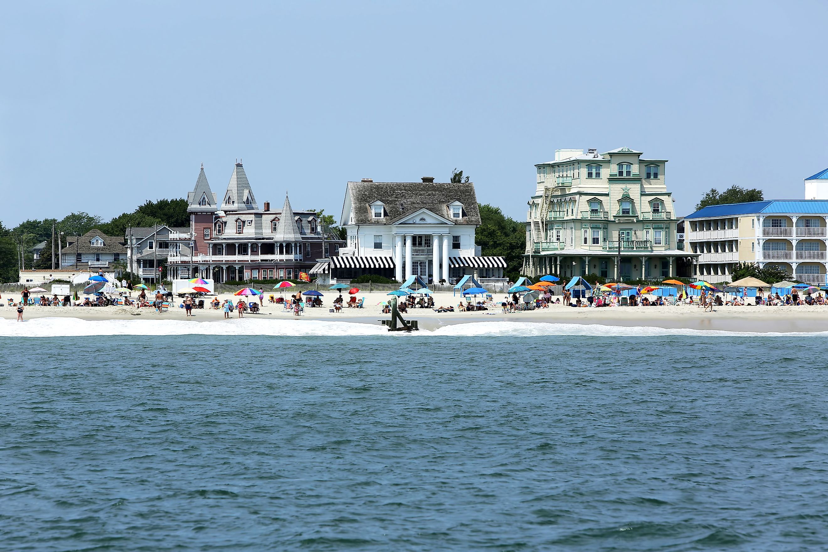 Beach goers enjoy a beautiful day in Cape May, New Jersey.