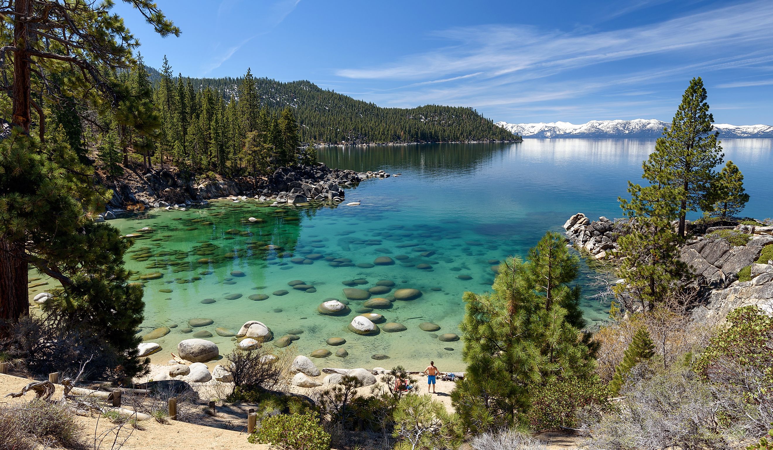 Beautiful panorama on the beach of Secret Cove, Lake Tahoe, Nevada.