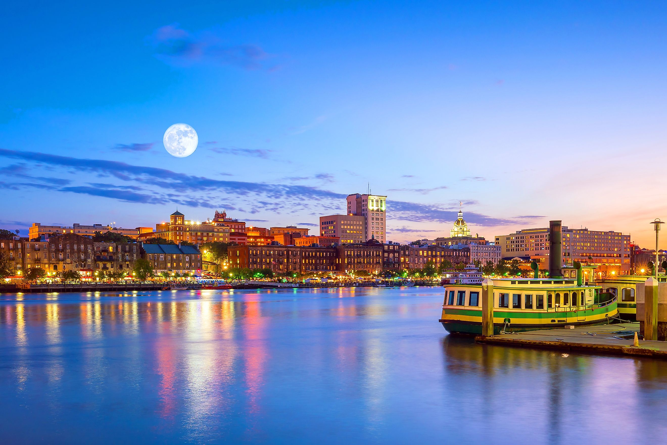 Historic District waterfront of Savannah, Georgia USA at twilight