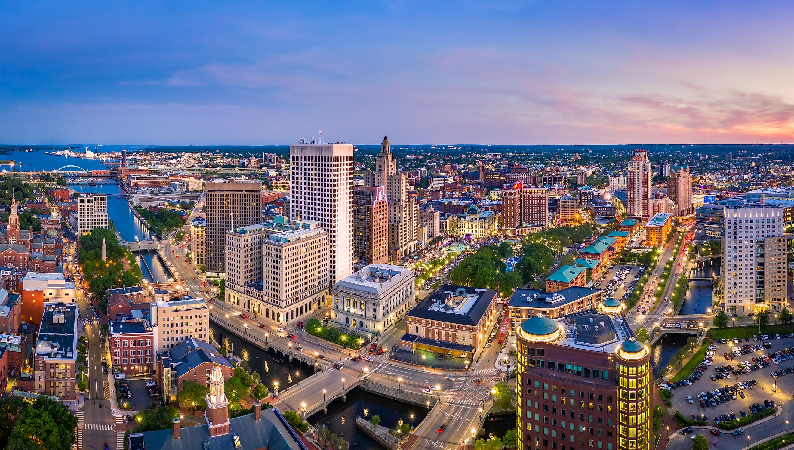 Aerial panorama of Providence skyline at dusk. Providence is the capital city of the U.S. state of Rhode Island.