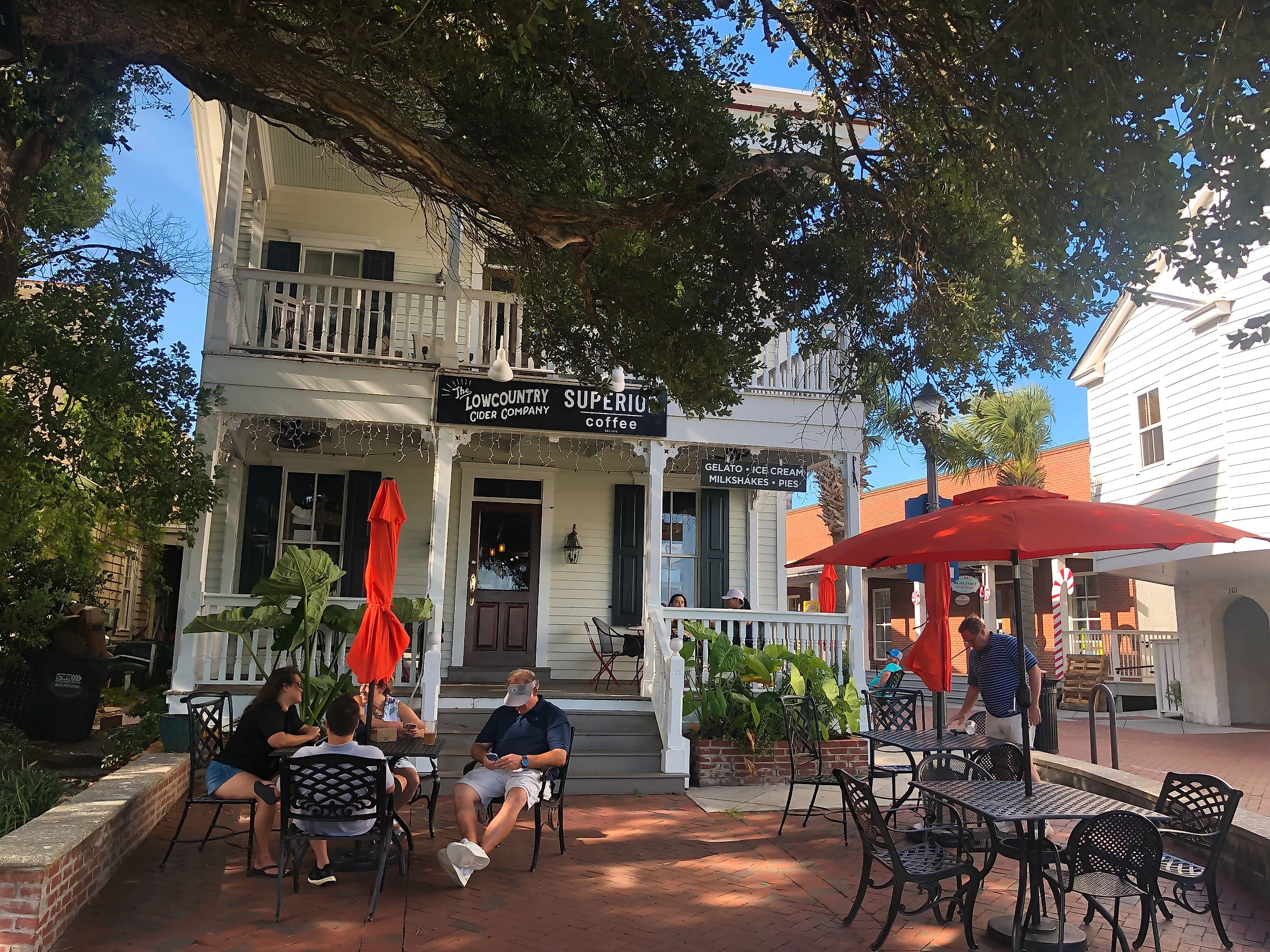 Beaufort South Carolina USA-August 3, 2024. Lowcountry Cider Co. and Superior Coffee Beaufort is a family owned business located in the historic district downtown with views of Waterfront Park. Editorial credit: StacieStauffSmith Photos / Shutterstock.com