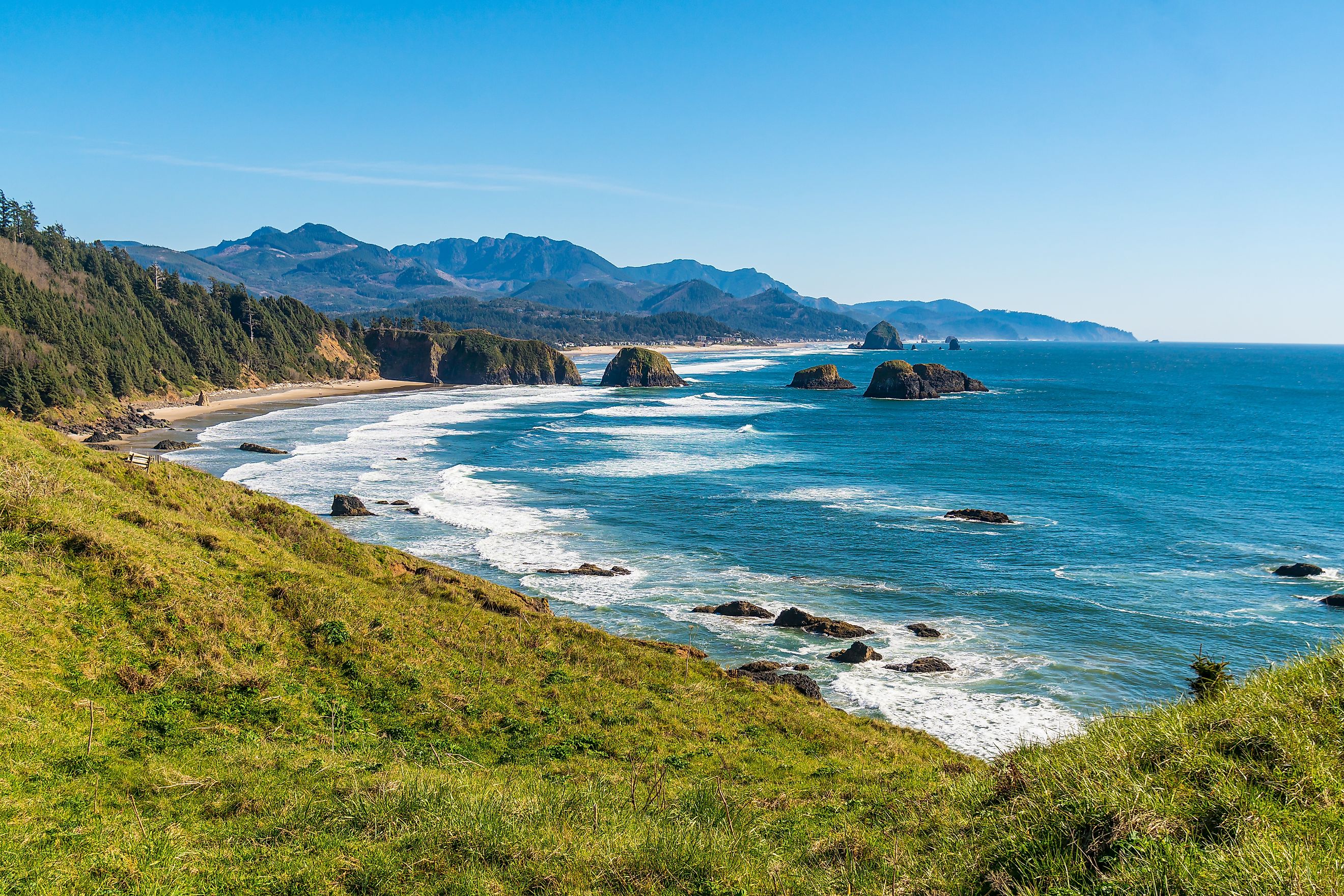 View of sea stack rocks along the pacific northwest ocean coast.