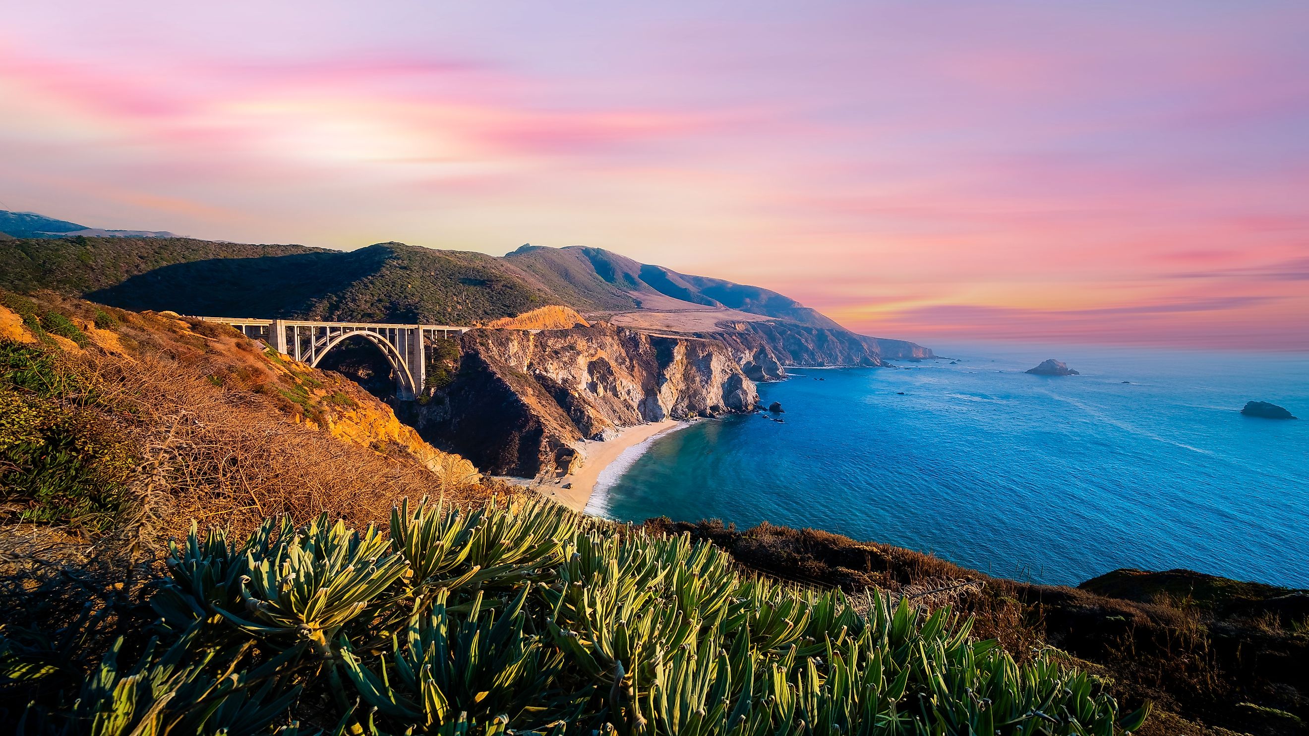 Bixby Bridge ,Rocky Creek Bridge and Pacific Coast Highway at sunset near Big Sur in California, USA