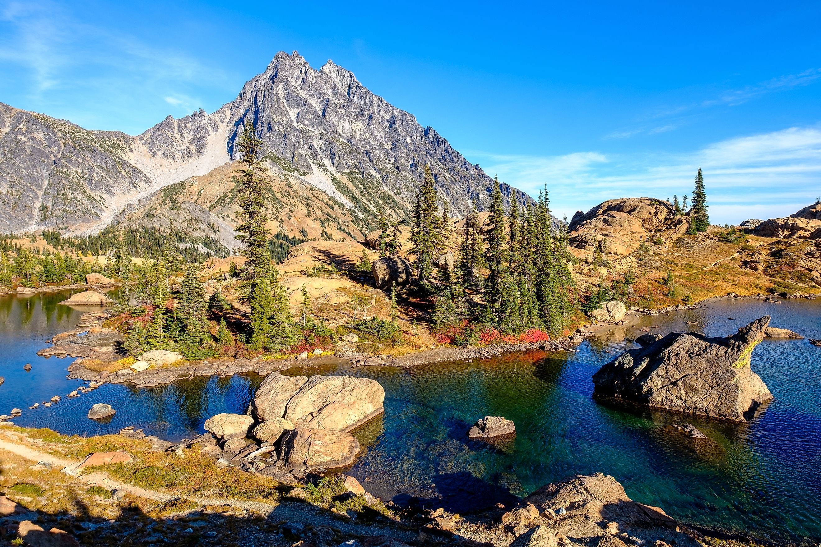 Mt Stuart Rises Above Lake Ingalls among Fall Color in Washington's Wild and Beautiful Cascade Mountains