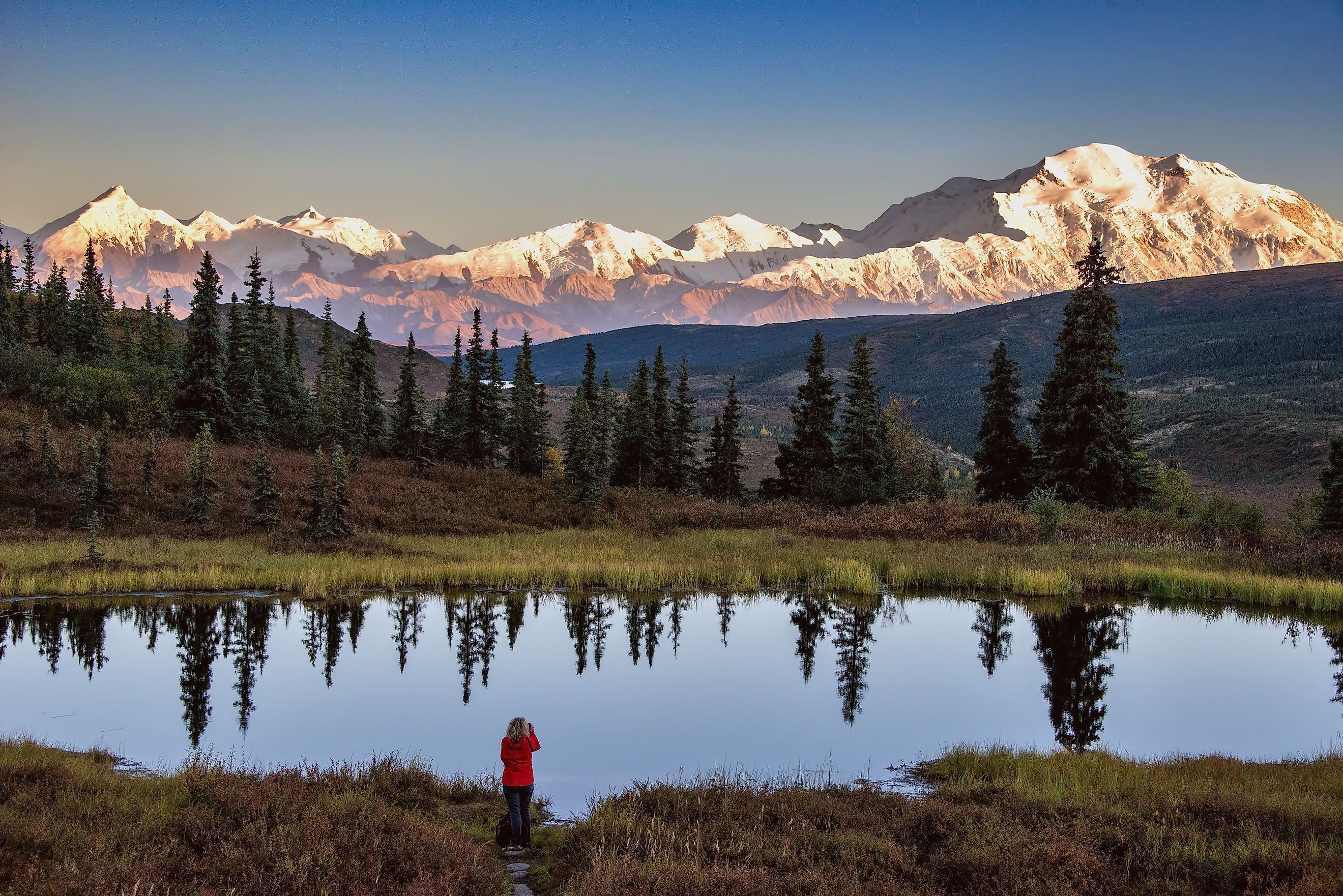 view of alaska's mount denali looms over calm pond at sunset, with clear blue sky above