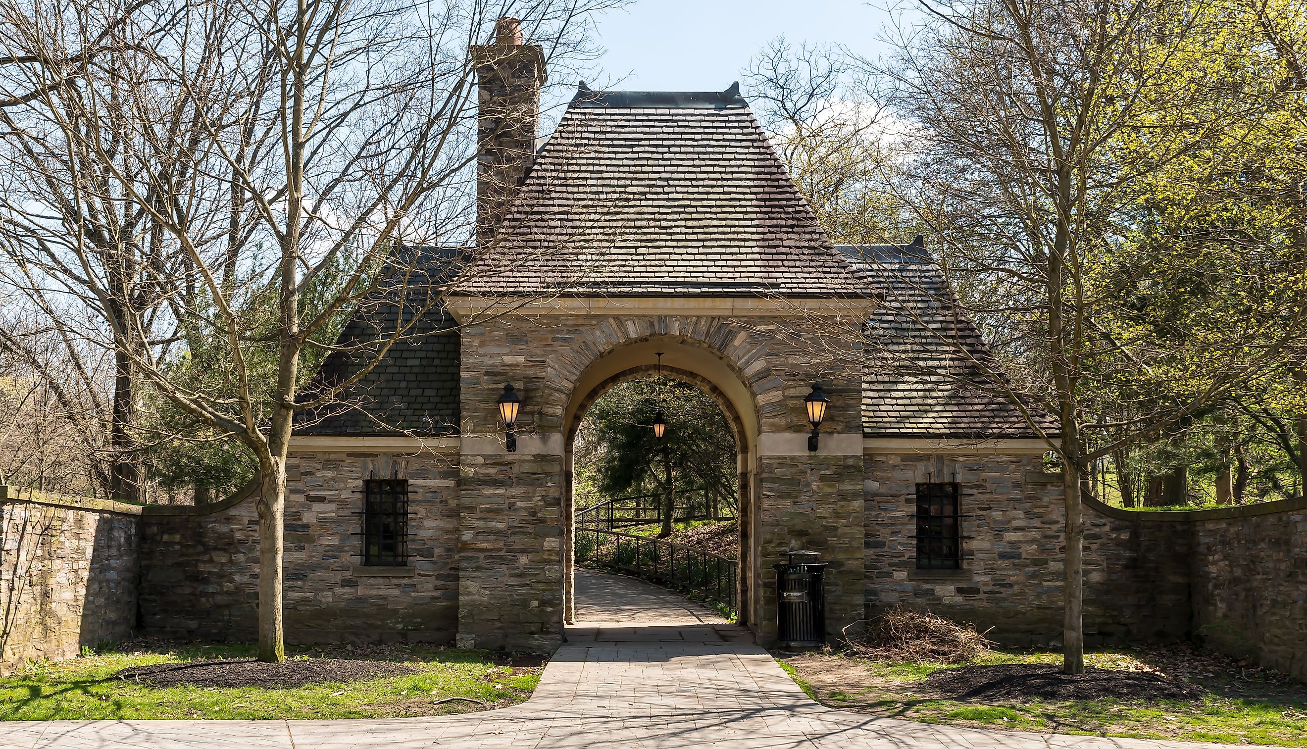 The stone gatehouse to the entrance to Frick Park, Pittsburgh. Editorial credit: woodsnorthphoto / Shutterstock.com