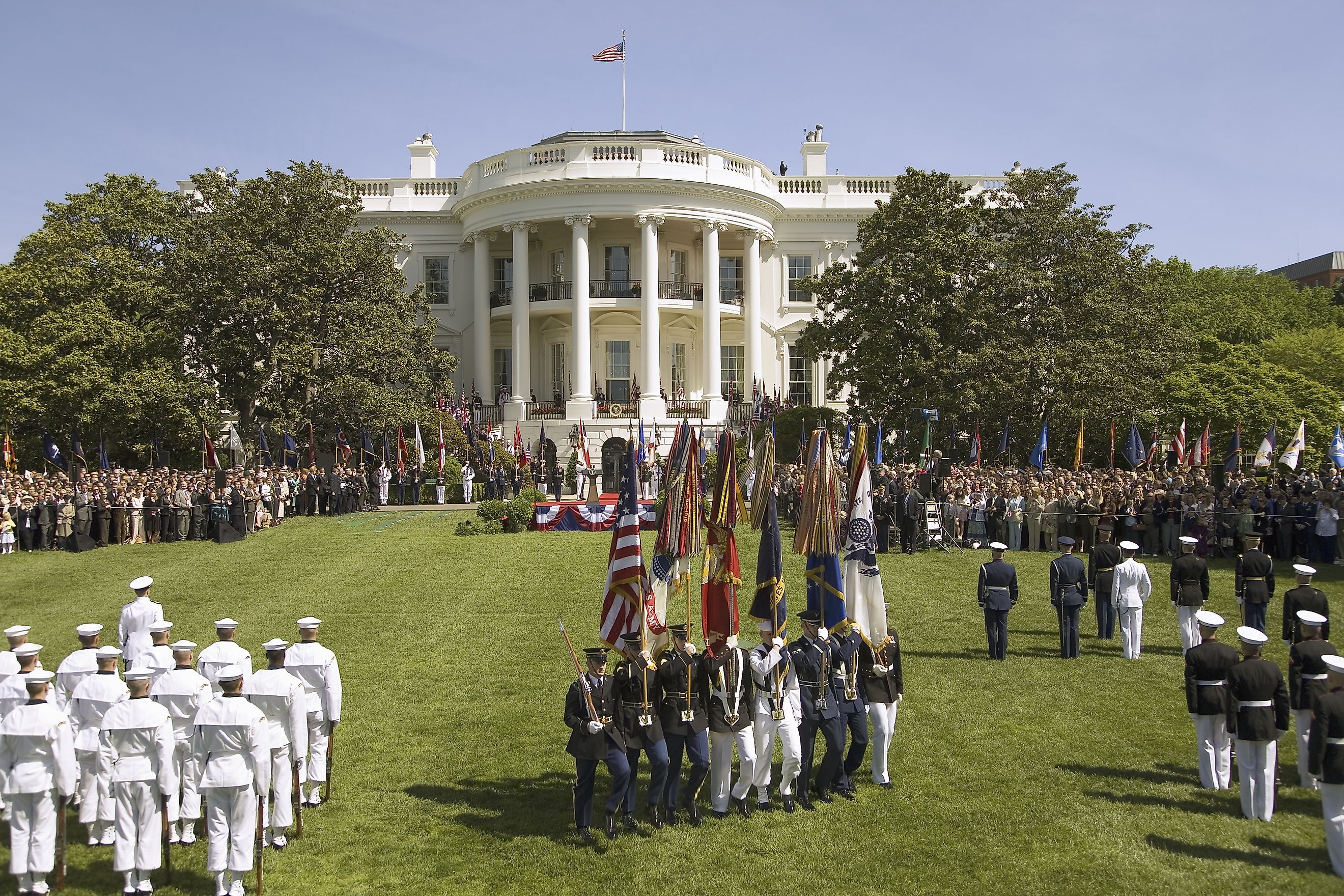 Military branches displaying flag colors on the South Lawn of the White House. Editorial credit: Joseph Sohm / Shutterstock.com