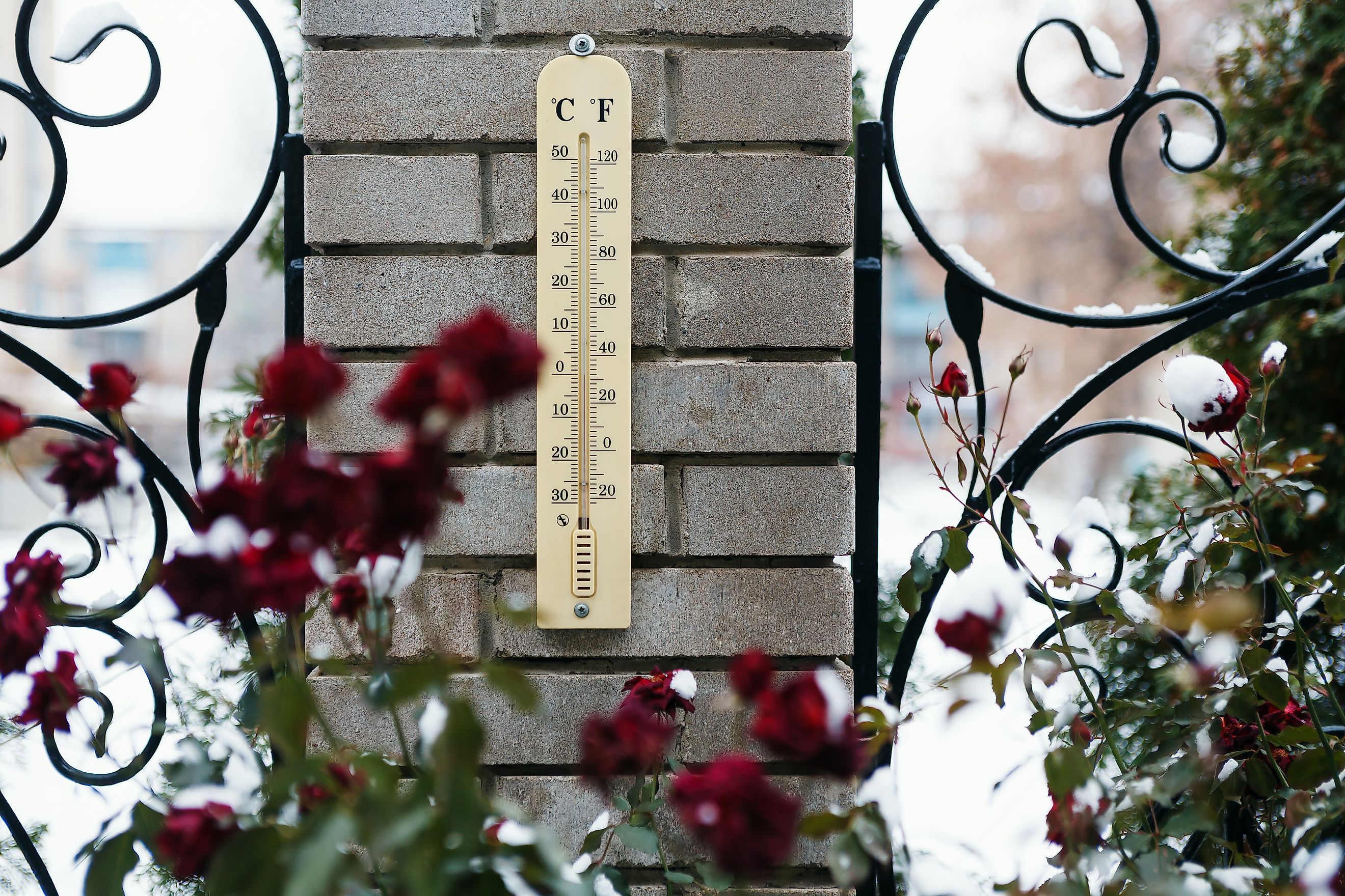 Garden thermometer showing zero celsius